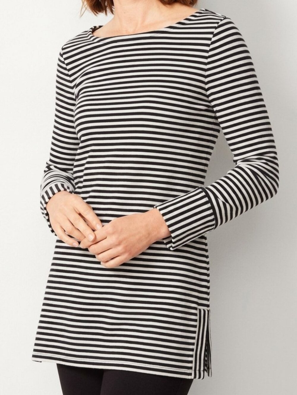 TALBOTS Bateau Neck Striped Tunic Black White Long Sleeve Cotton PETITE Small PS